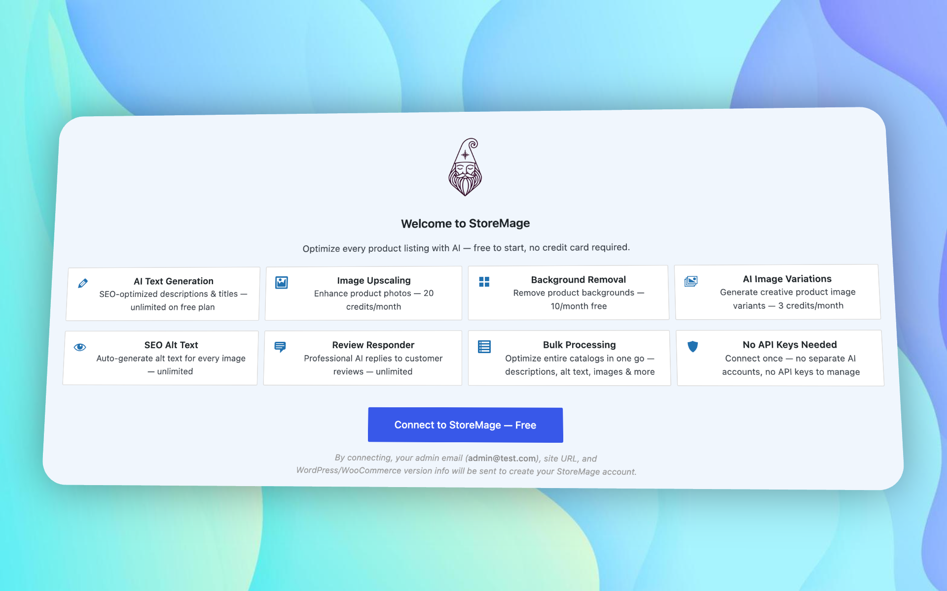 StoreMage welcome screen showing eight AI tools available inside WordPress