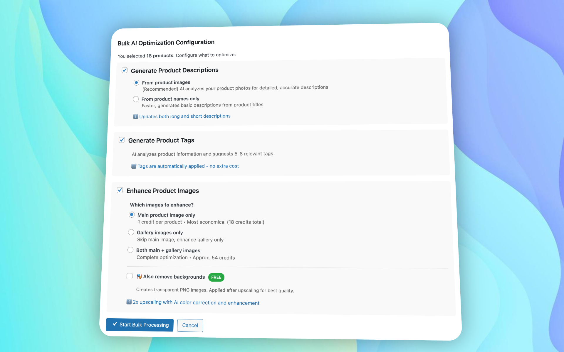 Bulk AI optimization configuration screen for processing many WooCommerce products at once