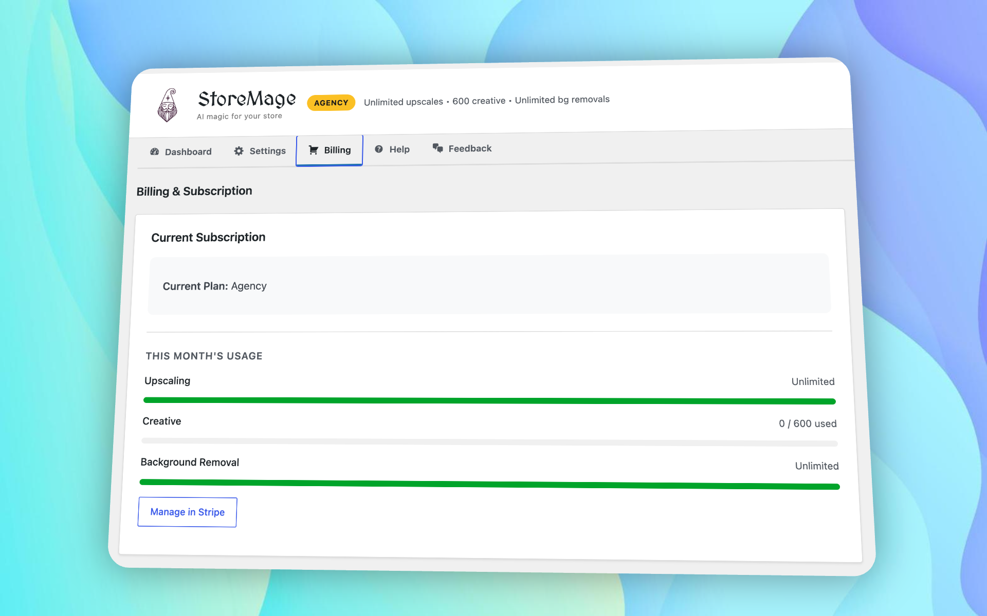 StoreMage billing dashboard showing subscription plan and monthly usage