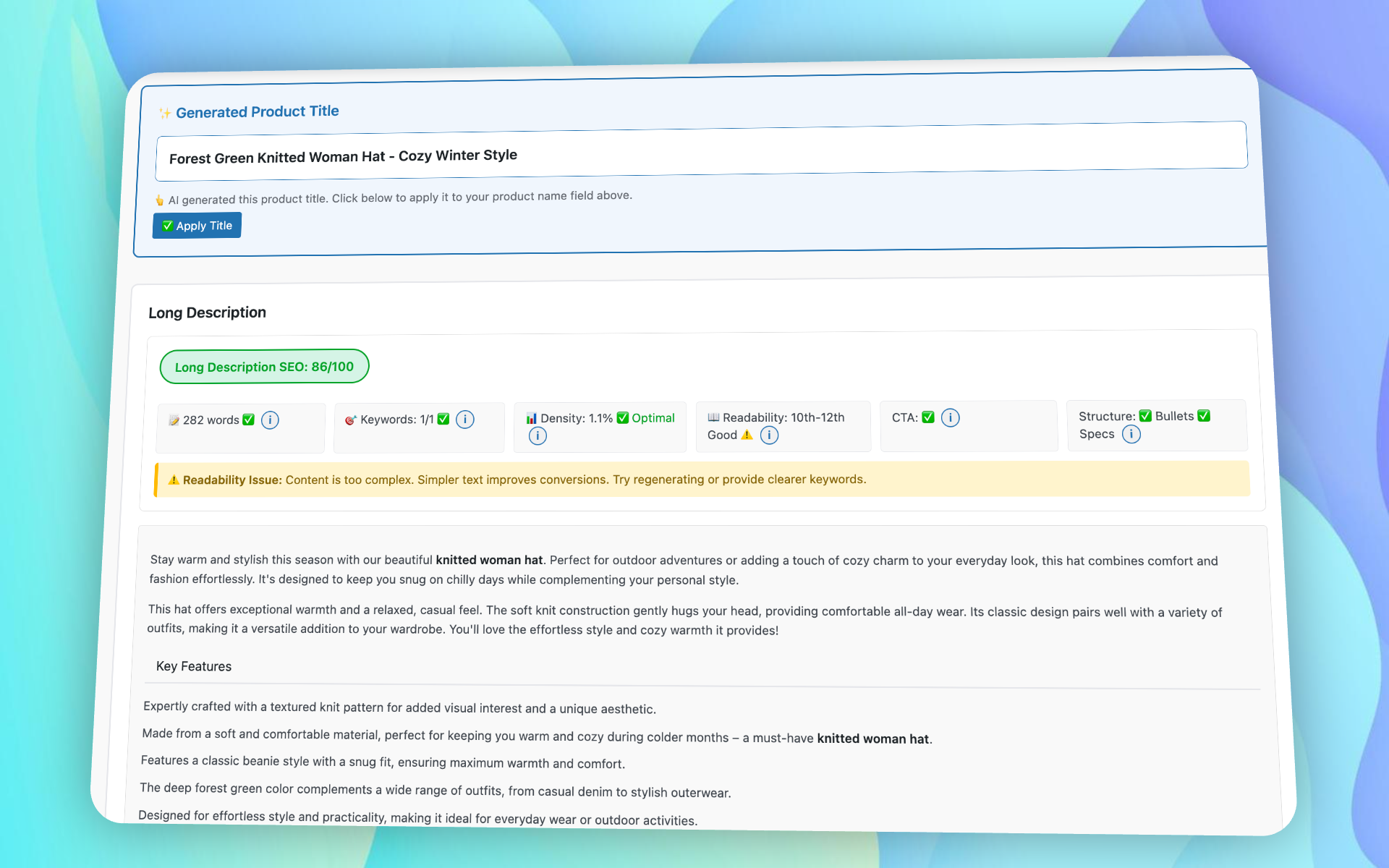 AI-generated product title and long description with live SEO scoring and readability metrics