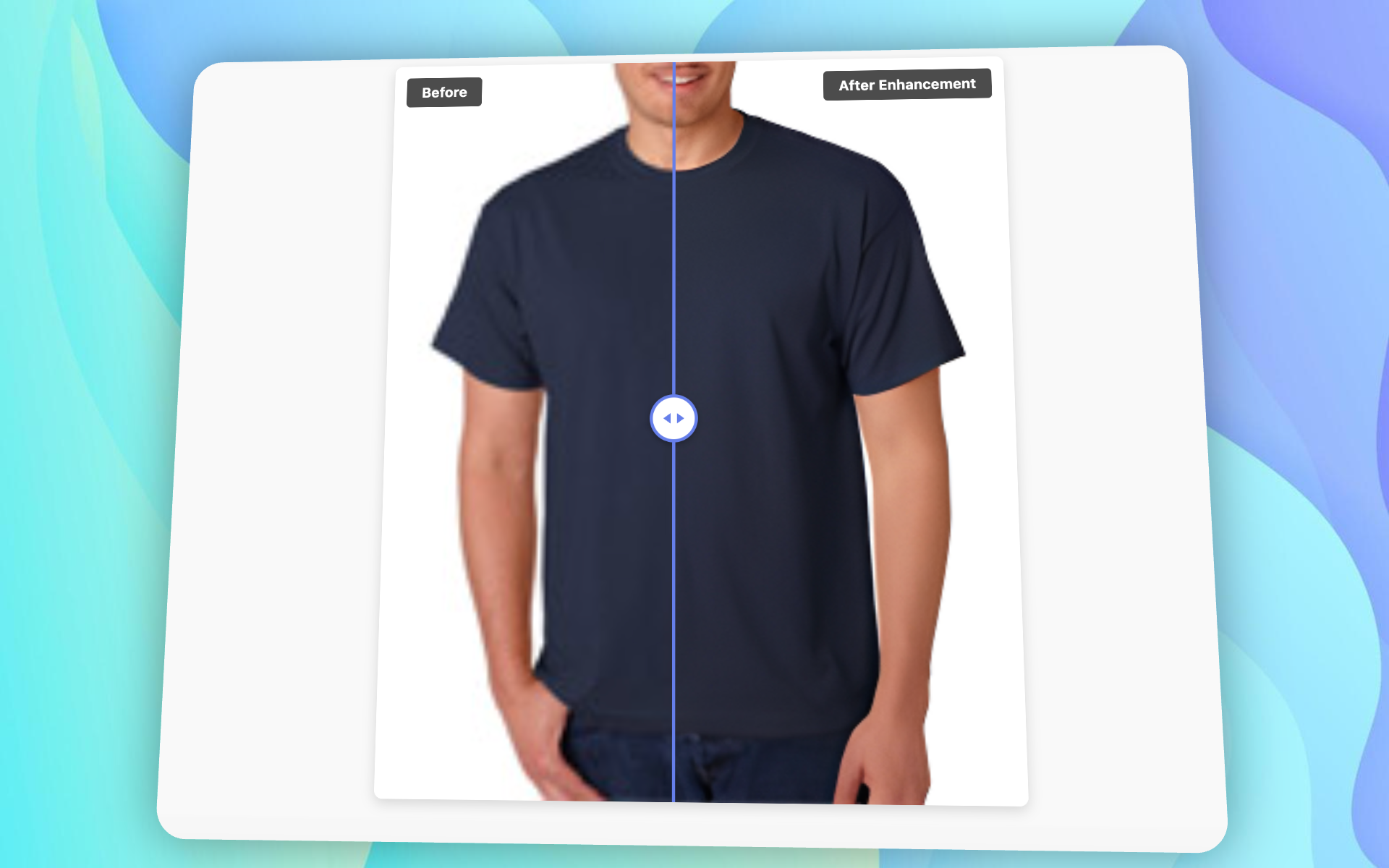 Before and after slider showing AI image enhancement on a product photo